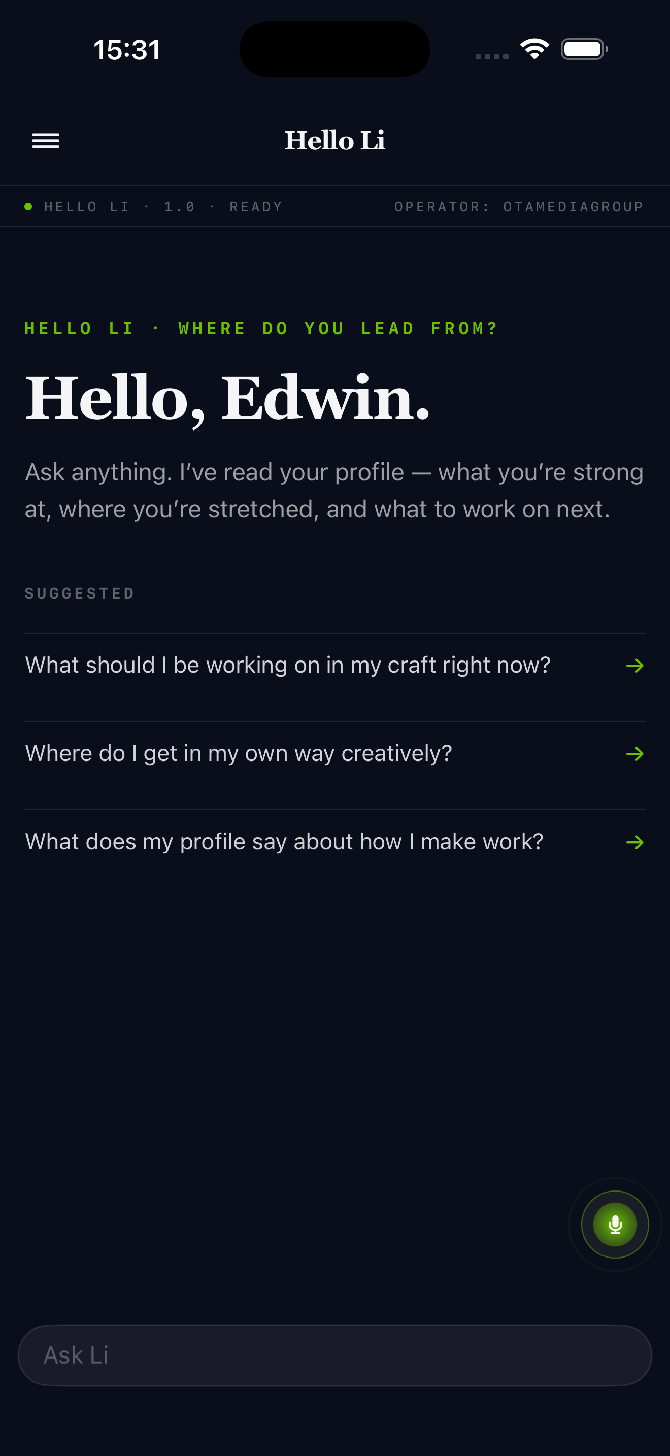 Hello Li home: suggested prompts under "Hello, Edwin." entry.