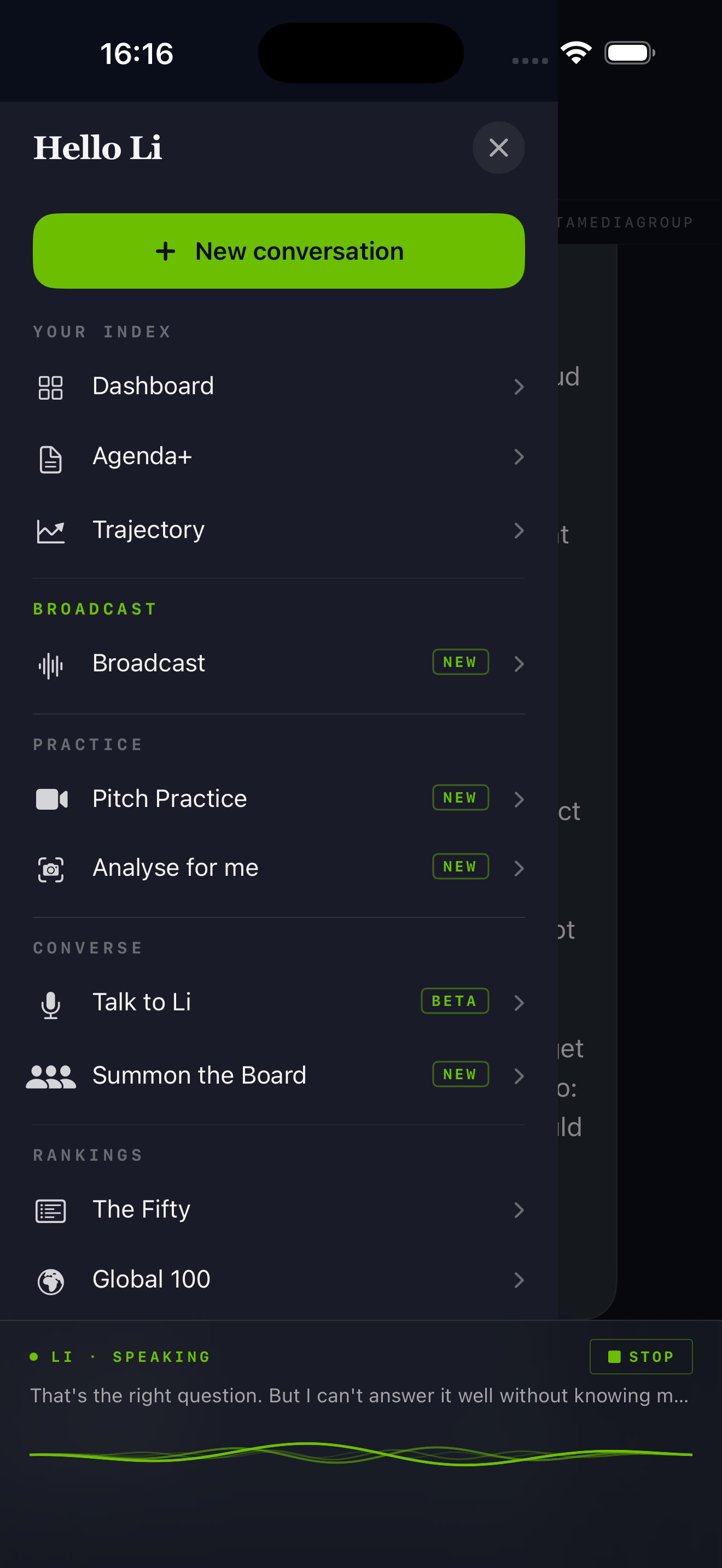 Hello Li drawer: full app menu showing Dashboard, Agenda+, Trajectory, Broadcast, Pitch Practice, Analyse for me, Talk to Li, Summon the Board, The Fifty, Global 100.