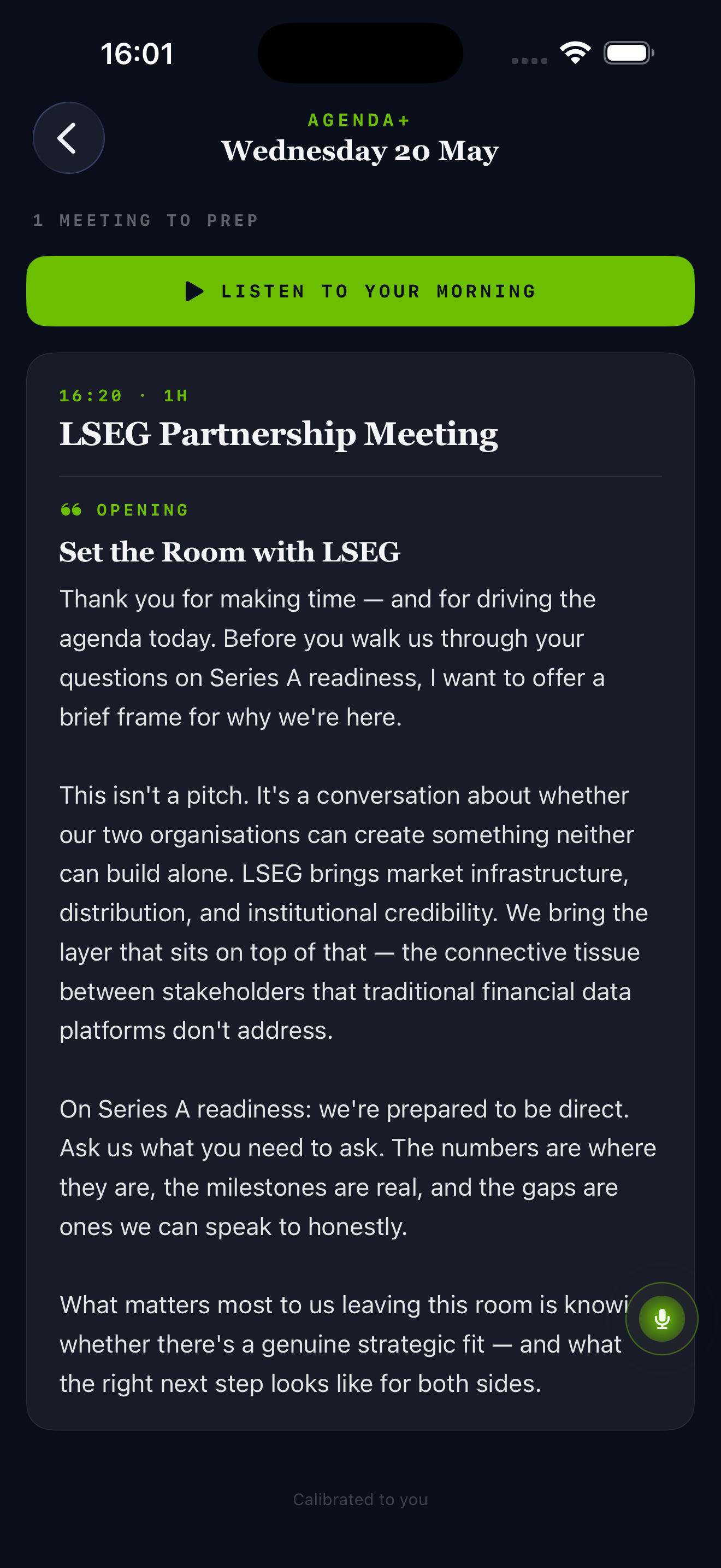 Agenda+ briefing card for the LSEG Partnership Meeting with an OPENING deliverable and LISTEN TO YOUR MORNING button.