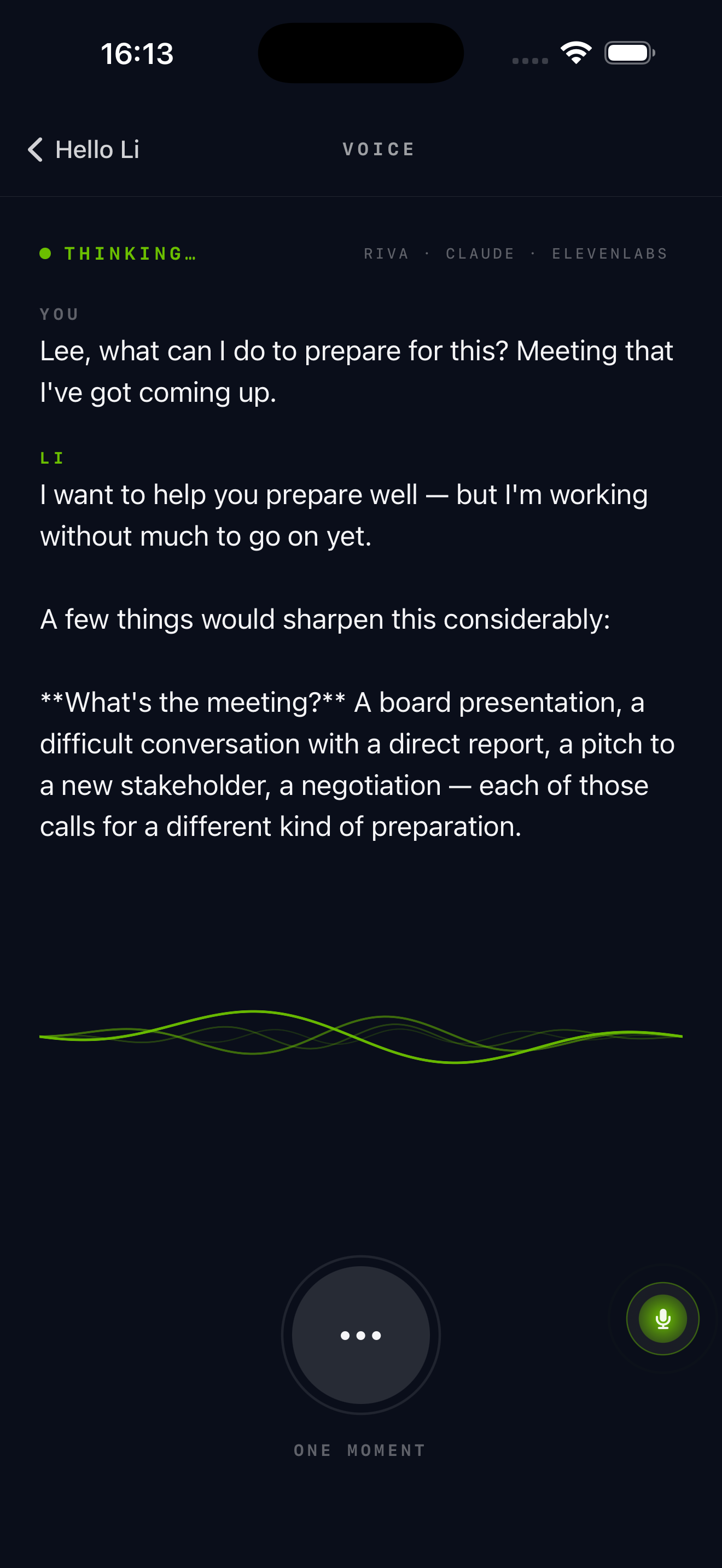 Voice mode mid-conversation, THINKING state with the flowing brand-green wave and Riva · Claude · ElevenLabs metadata.