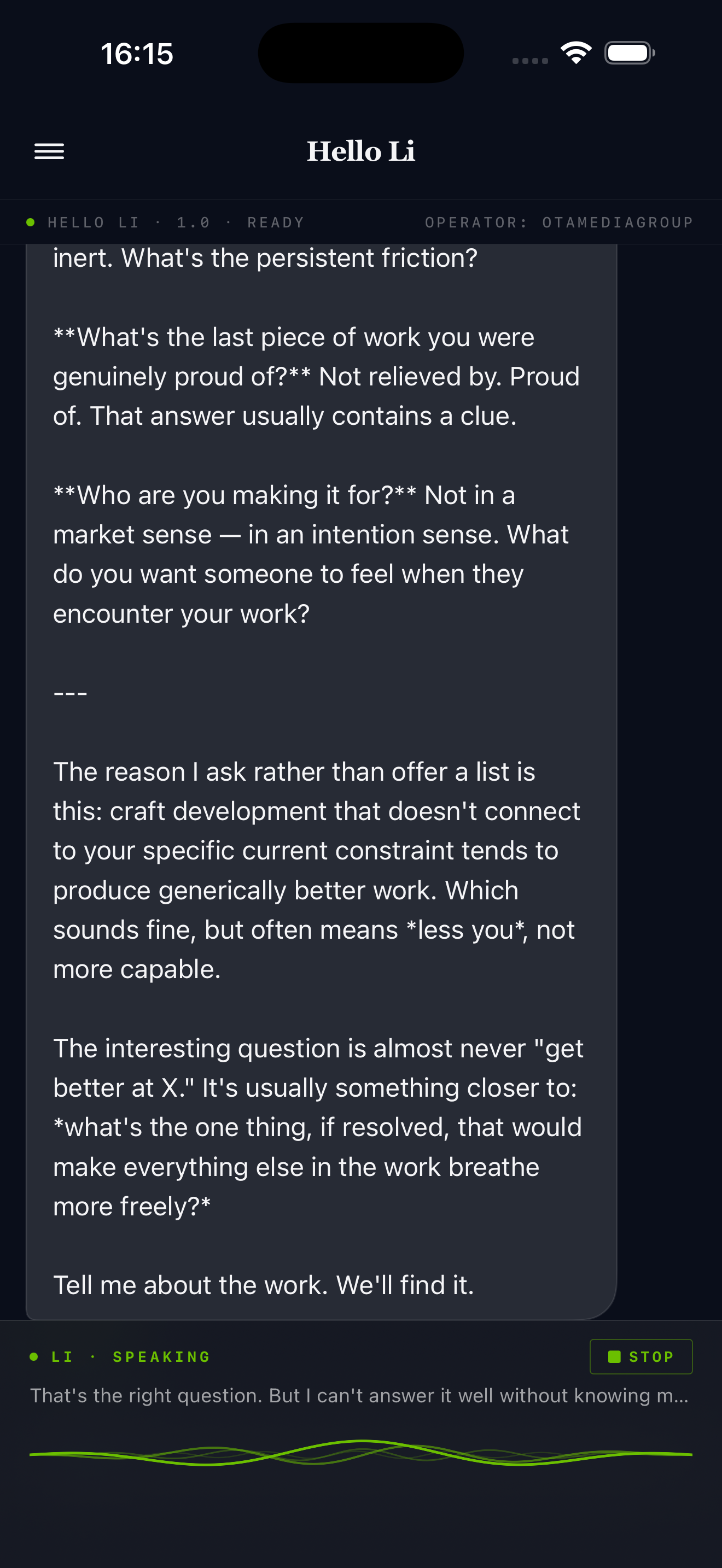 Coach chat with Li speaking: Markdown-formatted response and the floating wave bar pinned to the bottom of the screen.